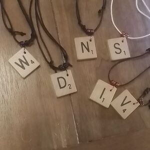 Crafted Scrabble Tile necklace -multi colors of wire, black or white cord